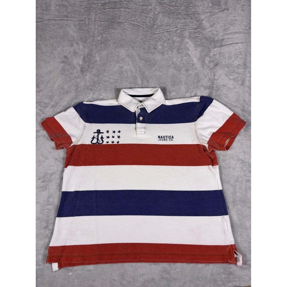 Nautica Jeans Co. Polo Mens L American Flag Graphic AOP Striped Short Sleeve